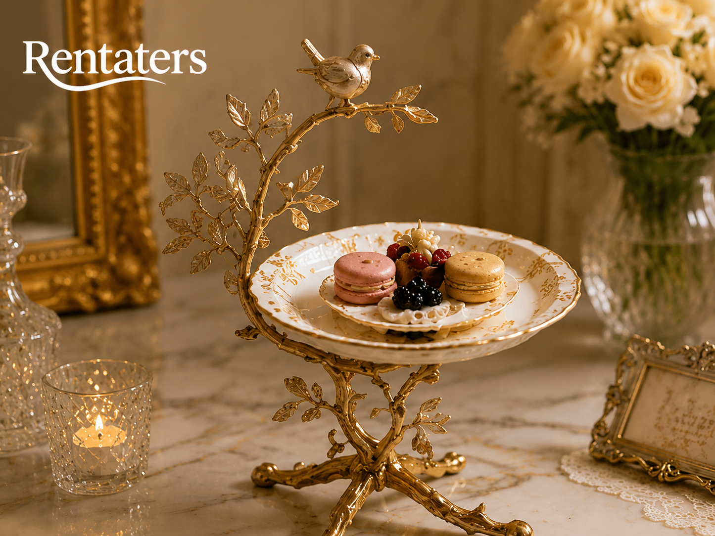 Rentaters Golden Songbird Branch Sculptural Cake Stand