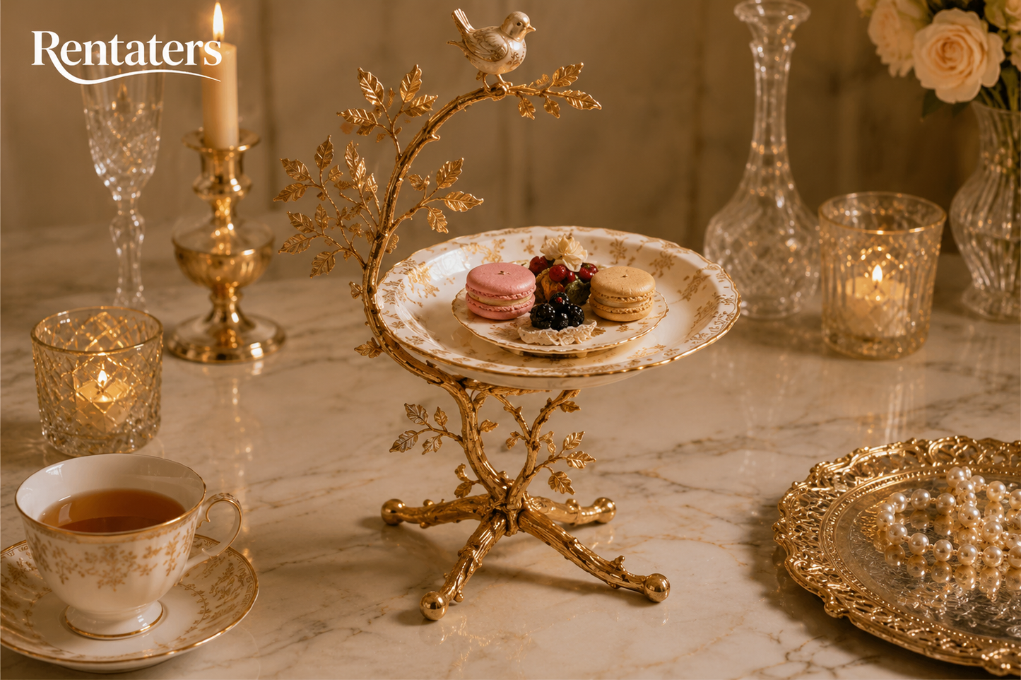 Rentaters Golden Songbird Branch Sculptural Cake Stand
