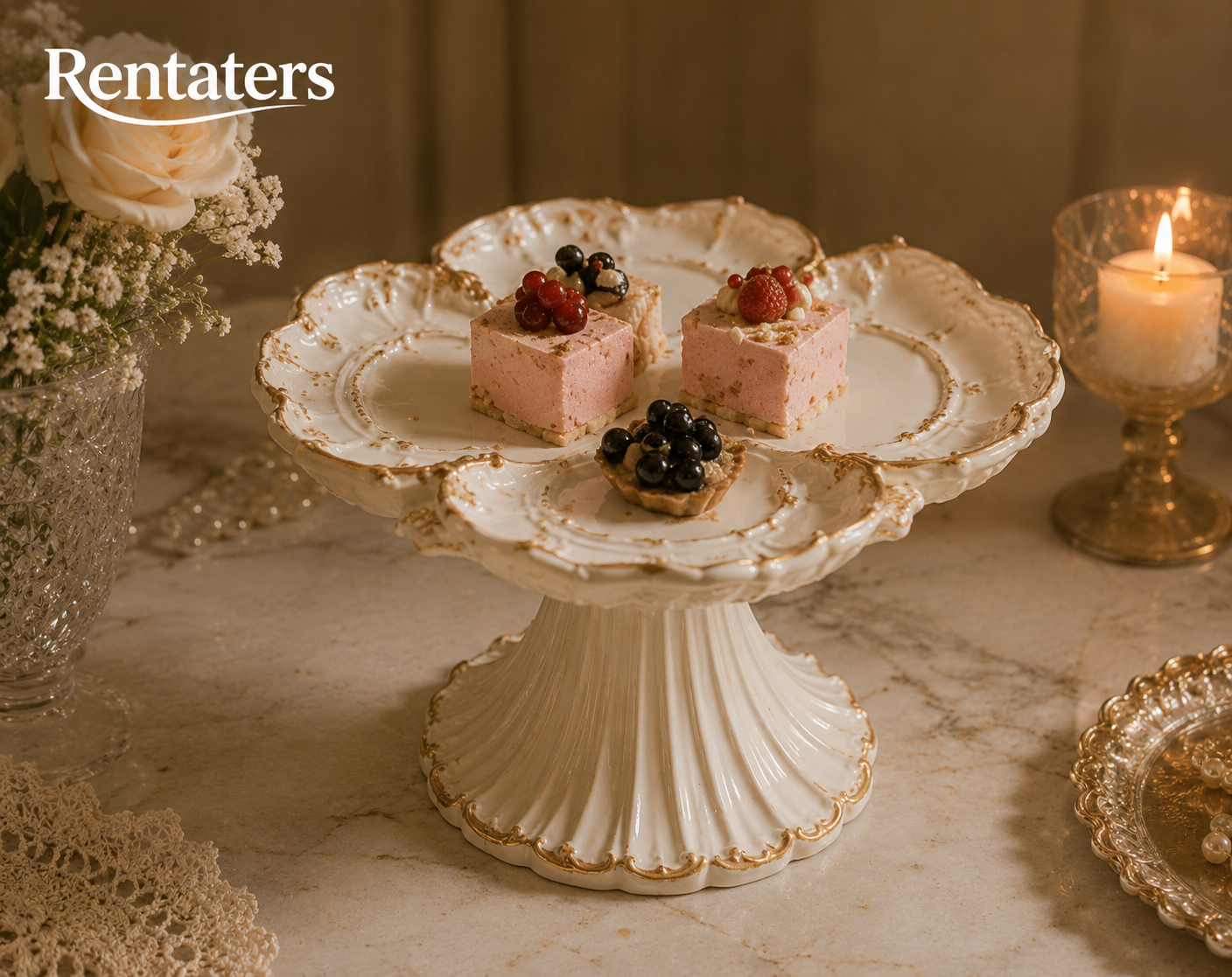 Rentaters Ivory Petal Pedestal Pastry Stand